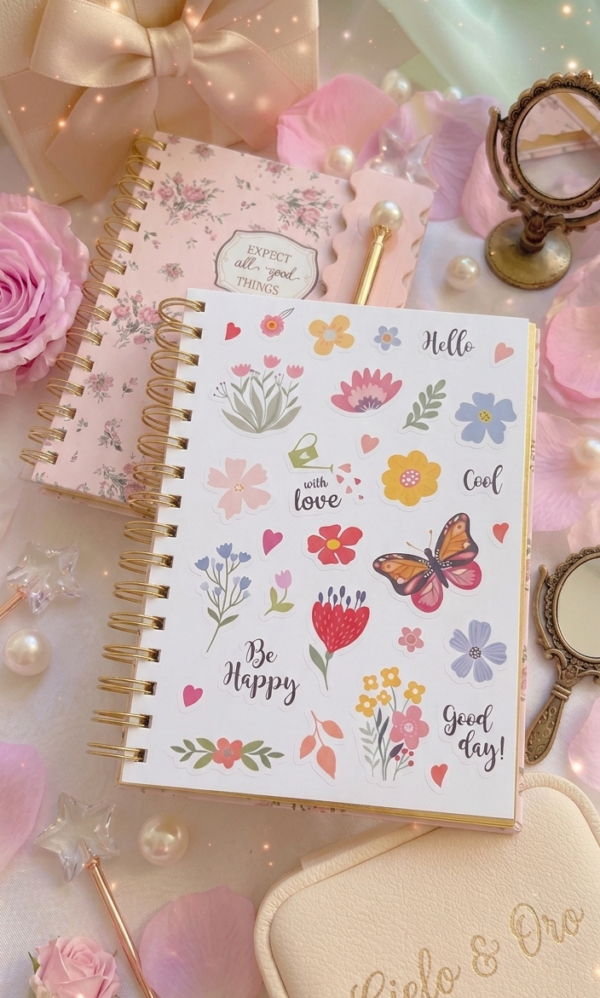 Journal Coquette de Flores A5 con Espiral Dorada y Bolígrafo de Perla