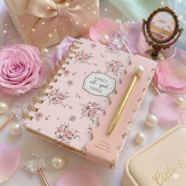 Journal Coquette de Flores A5 con Espiral Dorada y Bolígrafo de Perla